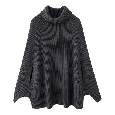 China Women's Thick Knitted Rib Cashmere Wool Poncho Solid Women's Turtle Neck Sweater for sale