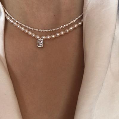 China Custom Made Freshwater Pearl Nickel Lead Free Heater Cut Silver Diamond Zircon 925 Choker Chain Necklace Bling Double Layer For Mom for sale