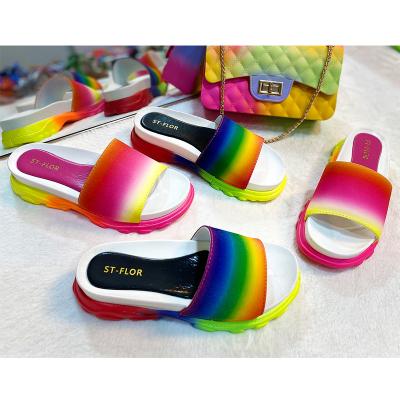 China Hot Sale Lightweight Summer Shoes High Top PU Rainbow Women Sandals For Outdoor Beach Women Slides Slippers for sale