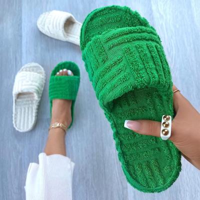 China New Arrivals 2021 Fashion Round Winter Design Women's Hot Home Plus Size Solid Color Artificial Fur Slides Slippers Shoes for sale