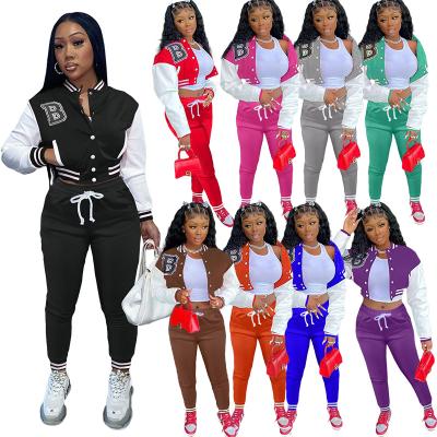 China Women's Anti-Pilling Letter Print Contrast Color Button Equipment Baseball Jacket Women's Baseball Pants Two-Piece Set for sale