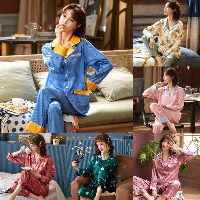 China 2022 QUICK DRY QUICK DRY Ladies Long Sleeve Pajamas Custom Made With Logo Pink Satin Polyester Women Adult Luxury 100% Silk Sleepwear for sale