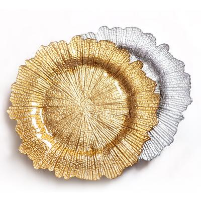 China Yantai Tongli Charger Hotel Manufacture Gold Dishes Dessert Plates Viable Glass Gold Rimmed Dish Salad Gold Dishes for sale