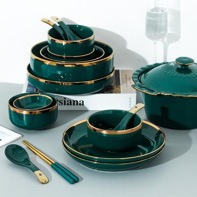 China Viable Wholesale Luxury Porcelain Dinnerware Sets Bowls Dinnerware Green Wedding Yantai Tongli Ceramic Tableware with Gold Rim for sale