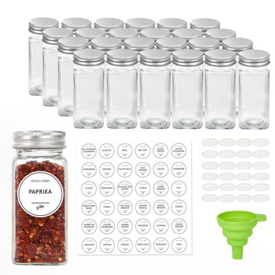 China Sustainable Set of 24 Square Glass Spice Jars 36pcs Round Spice Shake 120ml 4oz Spice Glass Jar With Silver Metal Lids for sale