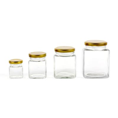 China Custom Tiny Airtight Square Glass Jars Logo Print 50Ml 80Ml 100Ml 150Ml Freshness Preservation Label For Honey Storage With Metal Lids for sale