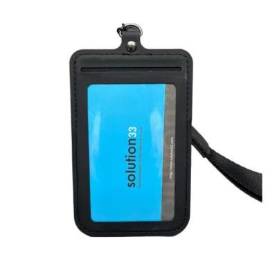 China PORTABLE PU Black Leather Foldable Vertical and Horizontal Cell Phone Holder Name Badge Card Holder with Lanyard for sale