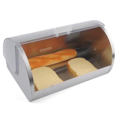 China Viable stainless steel bread bin / roll top food storage box / bread box with window for kitchen for sale