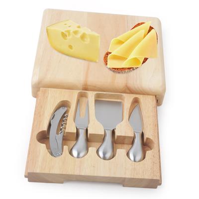 China 4Pcs Viable Wooden Cheese Cutting Board with Corkscrew Opener Cheese Board and Bamboo Knife Set for sale