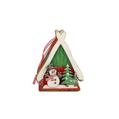 China Festival Decoration Home Christmas Wooden House Christmas Lighting Colorful Drawing Wooden Decoration for sale