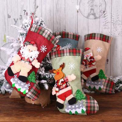 China Festival Decoration Large Xmas Window Home Decoration Farro Plaid Applique Embroidery Elk Christmas Gift Canvas Socks for sale