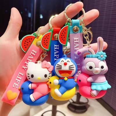 China 3D Key Chain PVC Kawaii Cartoon Character Keychain Doraemon Pikachu Cute Kitty Bunny Ride A Chick Key Chain for sale