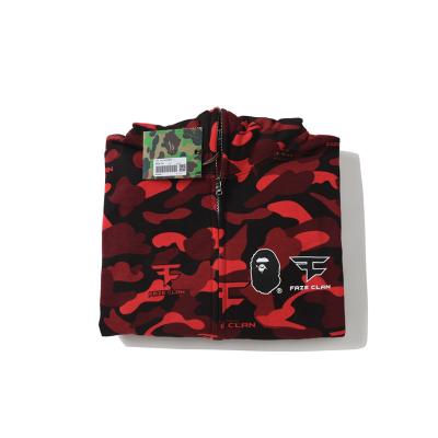 China Anti-Pilling Little Shark BAPE SHOCK CLAN Co-Branded Red Camouflage Hoodie Plus Velvet Zipper Student Couples Coat for sale