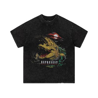 China Anti-wrinkle REPRESENT wash to do giant sunset crocodile print old sleeve T-shirt vintage black short wash design for sale