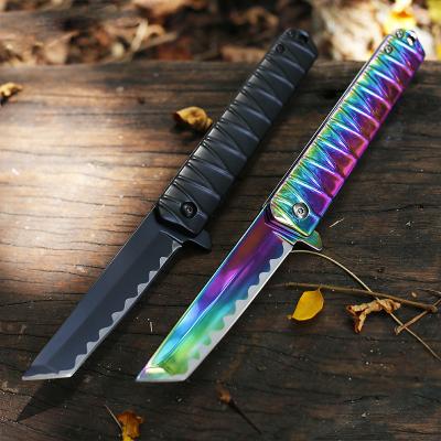 China Camping knife ready to ship professional stainless steel pocket knife with titanium color blade pocket knife outside for sale