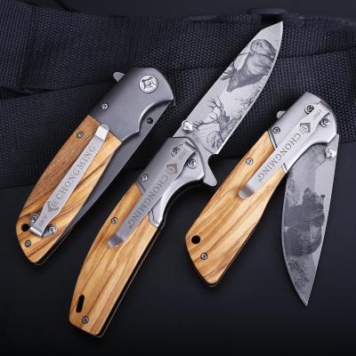 China Quick-Change Ready To Ship Damask Professional Comfort Stainless Steel Outdoor Survival Knife With Wood Handle 3D Patterned Blade for sale