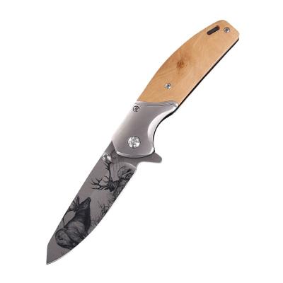 China Outdoor Knife Quick Carry Stainless Steel Pocket Knife High Quality Camping Folding With Wooden Handle 3D Patterned Blade Pocket Knife for sale