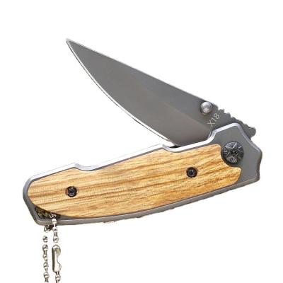 China Fast Shipping Camping Knife High Quality Stainless Steel Knife Key Chain With Wooden Handle Pocket Knife Outside for sale