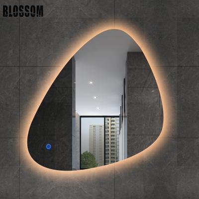 China Bright Irregular Shape Led Backlit Lighted Bathroom Vanity Glass Smart Mirror With Warm Led Lights for sale