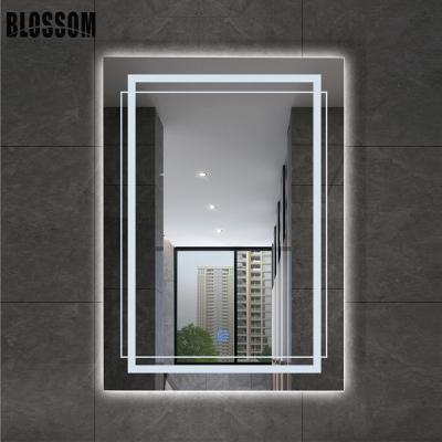 China Illuminated Led Backlit Mirror Bathroom Vanity Mirror Square Wall Mount Bathroom Finger Touch Light for sale