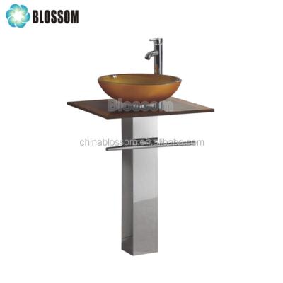 China Shampoo sinks tempered gold glass hand washbasin with stainless steel rack for sale