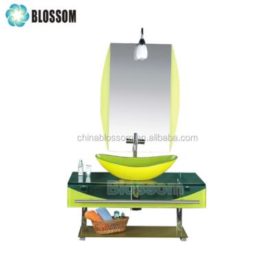 China Shampoo Sinks Green Tempered Glass Lavatory Bathroom Sink With Cabinet for sale