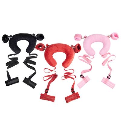 China SM Fun Sexy Open Leg Restraints Bed Slave Handcuffs Footcuffs BDSM Bondage Kit With U Shaped Pillow for sale