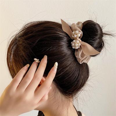 China THB-8D868 European and American style elegant pearl crystal hair ponytail holder for girls hair elastic bowknot scrunchies headband for sale