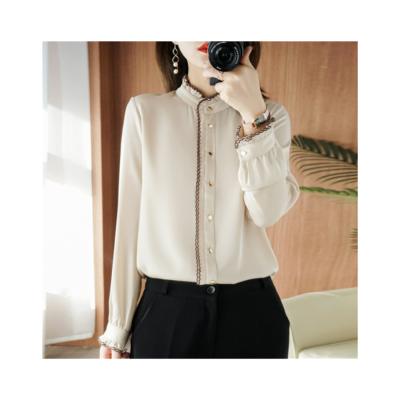 China TSK-TS8D001 Spring TSK-TS8D001 Elegant Women's Breathable Silk Shirt Spring Ruffles Sheath Office Lady Blouse for sale