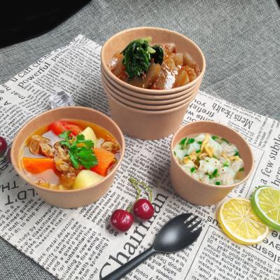 China Disposable Recyclable 900ml Food Grade Take Away Brown Kraft Paper Bowl With Lid For Salad Soup Pasta Noodle for sale