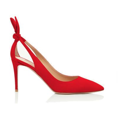 China Height Increasing New Developed SS24 Hot Red Sheep Suede Leather Vamp Low Pumps Hot Sexy Pointed Toe Women's Medium Heels for sale