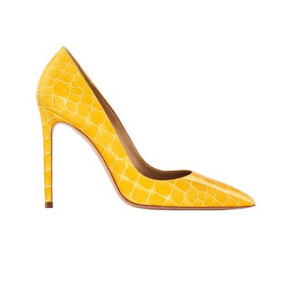 China Increasing Quality Best Size High Fashion Yellow Croco Textured Ladies Leather Pump Pointed Toe High Heels Shoes For Women Thin Heels for sale