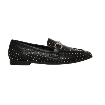 China Cushioning new design best selling black rubber outsole ladies flats women leather studded loafers studded shoes for sale