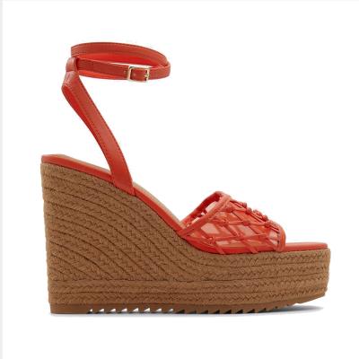 China Fashion Trend Design New Hot Selling Red Mesh Ankle Strap With Gold Buckle Square Toe High Heel Women Wedges for sale