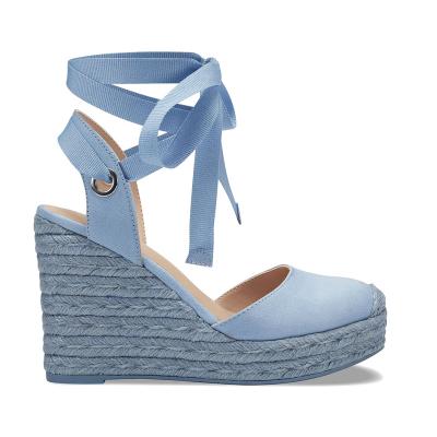 China Fashion Trend New Arrival Blue Faux Suede Jute Sneaker Ladies Wedges Shoes Round Toe Connection Ankle Straps Women Wedges Shoes Sneaker for sale