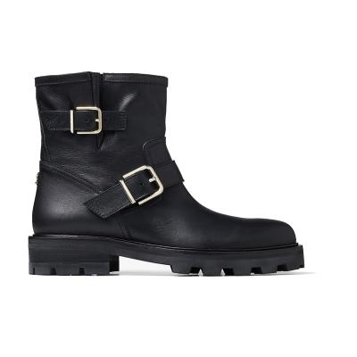 China Fashion Trend FW23 Best-Selling Black Smooth Leather With Gold Buckles Straps Women Ankle Bootie Biker Boots for sale