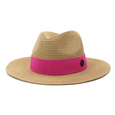 China Newest Image 2022 Unisex Hot Sale Summer Wide Brim Pure Straw Fedora Hats Solid Color With LOGO Belt Ribbon for sale