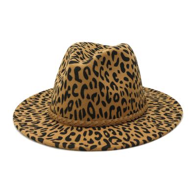 China New Wholesale Unisex Plush Leopard Print Pattern Wide Brim Felt Fedora Hats for sale