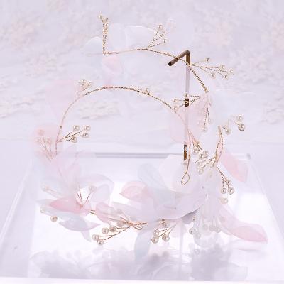 China Gauze Flower Pearl Tiara Bridal Fashionable Use Korean Fairy Tiaras For Women Bride Wedding Hair Accessories for sale