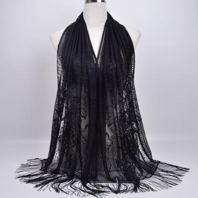 China Muslim Long Scarf Solid Lace Hollowed Out Tassel Scarf Women's Summer Malaysian Scarf Shawl Along for sale