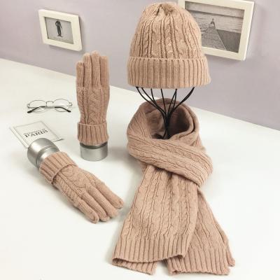 China Autumn and winter medium fashion knitted warm woolen set solid color sweater hat scarf three-piece set for sale