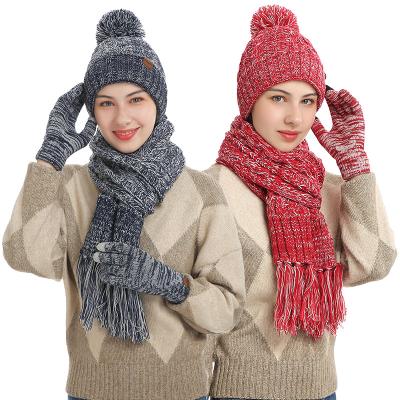 China New autumn and winter woolen thickened scarf touch screen medium knitted three-piece set for sale