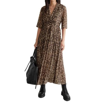 China Leopard Print High Waist V-neck Breathable High Fashion Sheath Chiffon Maxi Long Dress For Women Shorts for sale