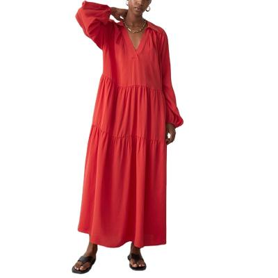 China New Design Breathable Elegant V-neck Long Sheath Ruffles Tiered Plain Maxi Long Dress For Women for sale