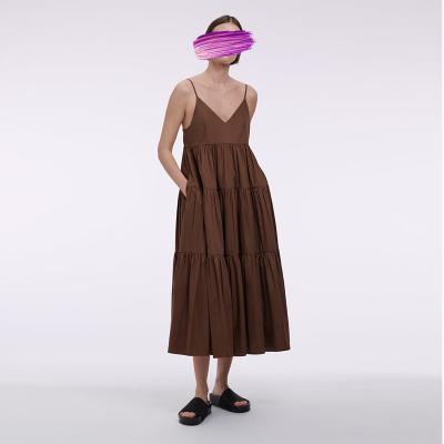 China Custom Anti-wrinkle OEM Fashion Collection Summer Spaghetti Strap V-Neckline New Side Pockets Loose Tiered Cotton Blend Maxi Long Dress For Women for sale