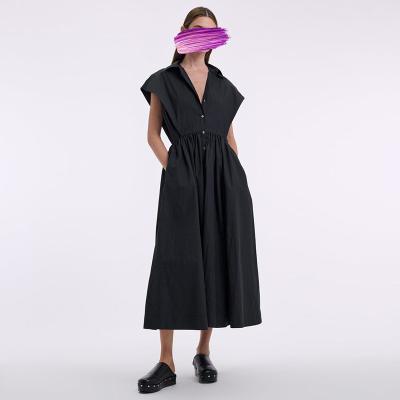 China New Fashion OEM Anti-wrinkle Summer Collection Black Cotton Blend Maxi Front Dress Long Size Sleeveless Custom Button Front Dress For Women for sale