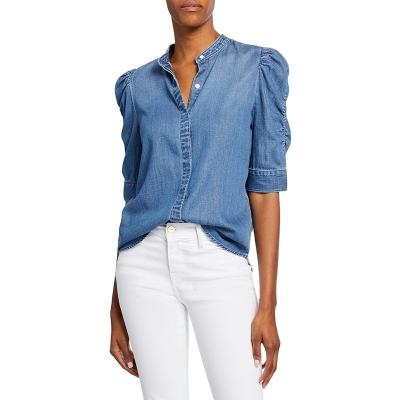 China Casual Plus Size O Neck Puff Half Sheaths Single Breasted Denim Blouses For Women for sale