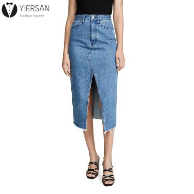 China Soft Plus Size And Comfy Fabrics Zipper Fly Side Pockets High Split Denim Midi Skirt For Women for sale