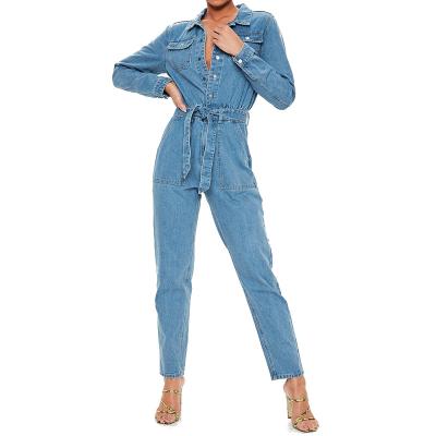 China High Quality QUICK DRY Turn Down Collar Long Sleeves Button Front Belted Denim Jumpsuit For Women for sale