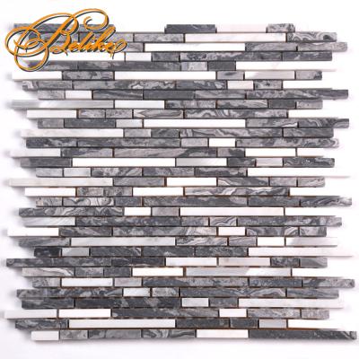 China Interlock Style Gray Brushed Aluminum Back Splash Persian Mosaic Wall Tile Modern Marble Strip Thin Shape Covering Features Stone for sale